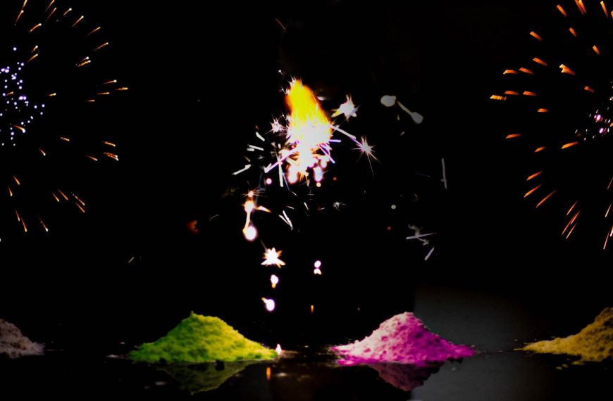 With reactions in succession, chemical compounds liberate fireworks and byproducts